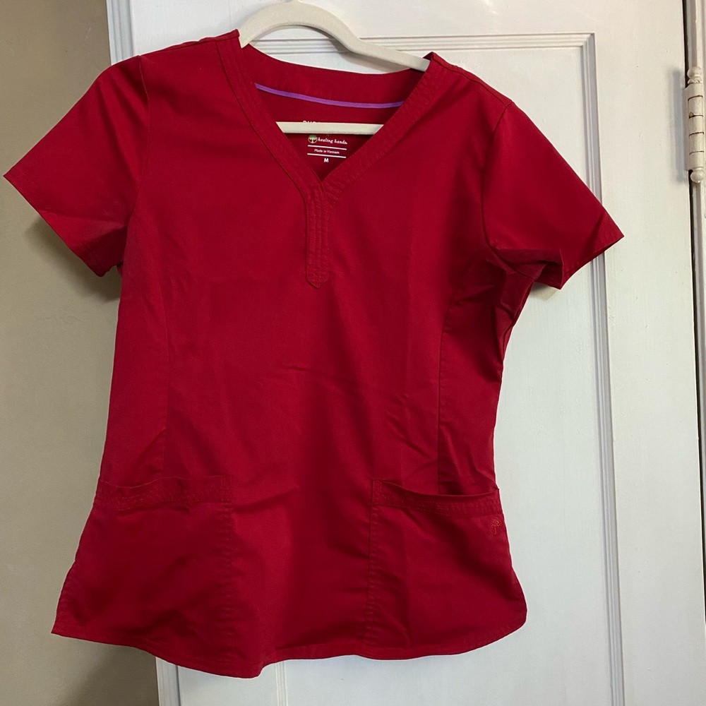 Healing hands purple label red scrub top